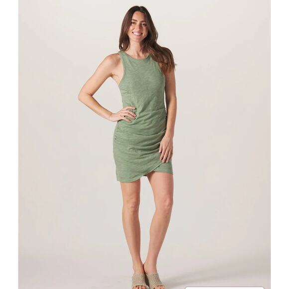 The Normal Brand Dress Slub Knit Tulip Sleeveless Rouching Fern Green L Beachy - Picture 1 of 12